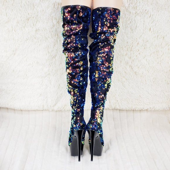 Blue Iridescent Sequin Thigh High 6" Heel Slouch Boots RESTOCKED 3004 - Picture 6 of 14